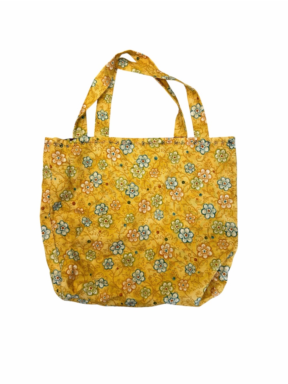 Handmade Floral Quilted Tote Bag Mustard Yellow Cottagecore Market Shopper